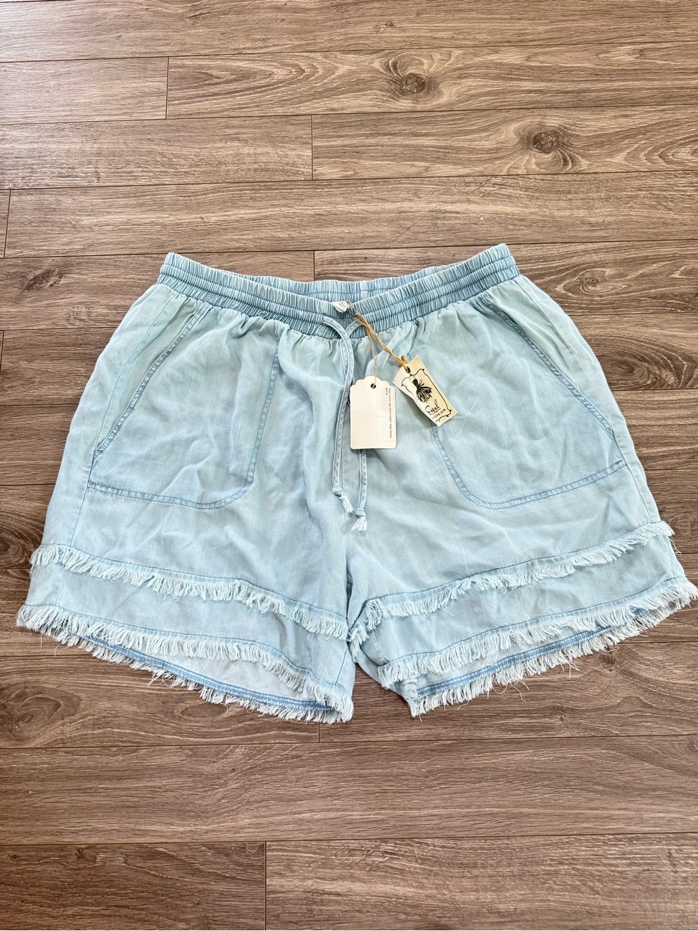 easel Light Blue Fringe Hem Drawstring Women's Shorts